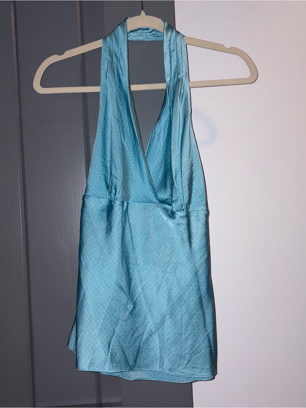 Express Teal Blue Halter Top with Yellow Dot Pattern